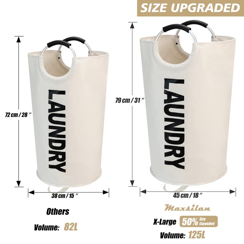 Maxsilan 125L X-Large Laundry Basket Bag, Collapsible Tall Hamper, Beige