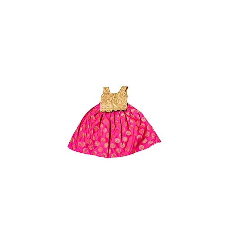TRADITION INDIA Golden Net & Pink Brocade Silk Kids Lehenga