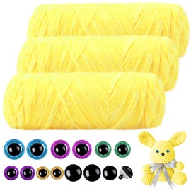 Mngevcy 3 x 150 m Chenille Wool for Crochet, Fluffy Wool, Soft Chenille Yarn with 14 Safety Eyes for Knitting (Bright Yellow)
