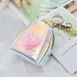 Chris.W Holographic Transparent Zipper Coin Pouch Bag Mini Heart Star Change Purse with Key Chain Clip for Women Girls