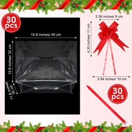 Nuogo 30 Pack 15.8"x 12.6"Flat Bottom Clear Cello Cellophane Treat Bags with Red Pull Bow for Baskets Plastic Goodie Bags for Gift Wrapping, Desserts, Candies, Cookies, Party Favors,Food Storage