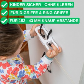 Shackle Lock Child Lock Pack of 2 in White for Many Handle Shapes and Knobs, Cupboard Door Baby Lock without Gluing, Drilling, Screws, Cabinet Lock for Kitchen, Living Room, Bathroom, Door Handle