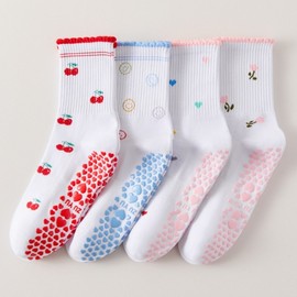 Women's White Mid-Calf Non-slip Yoga Socks with Popular Cherry Pattern Size/Cherry 30ea
