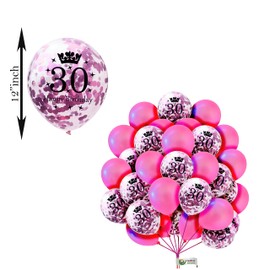 Happy Birthday 30th Age Balloons - Pink Confetti & Pearl Balloons (12"), 10 Pack With Ribbon