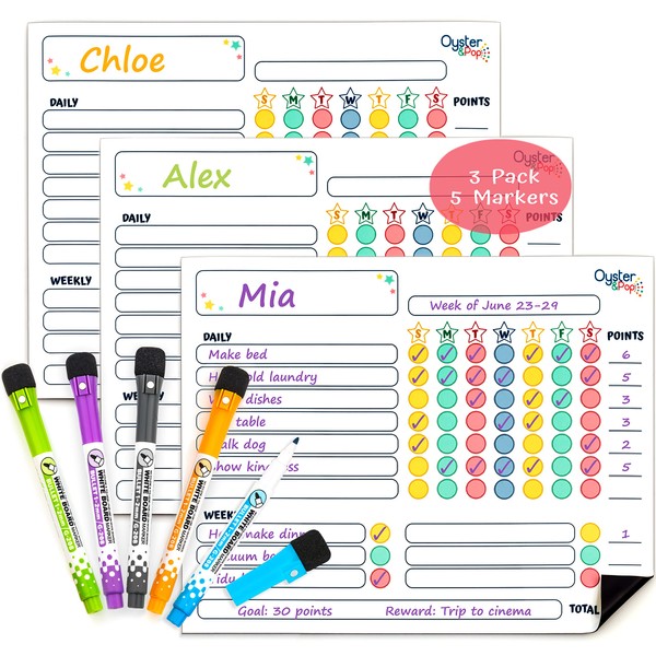 Magnetic Chore Chart 3 Pcs for Multiple Kids & Adults