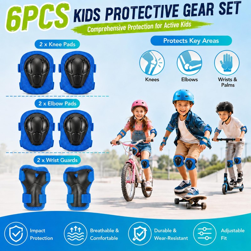 Lafefe 6PCS Blue Kids Protective Gear Set Knee Elbow Wrist