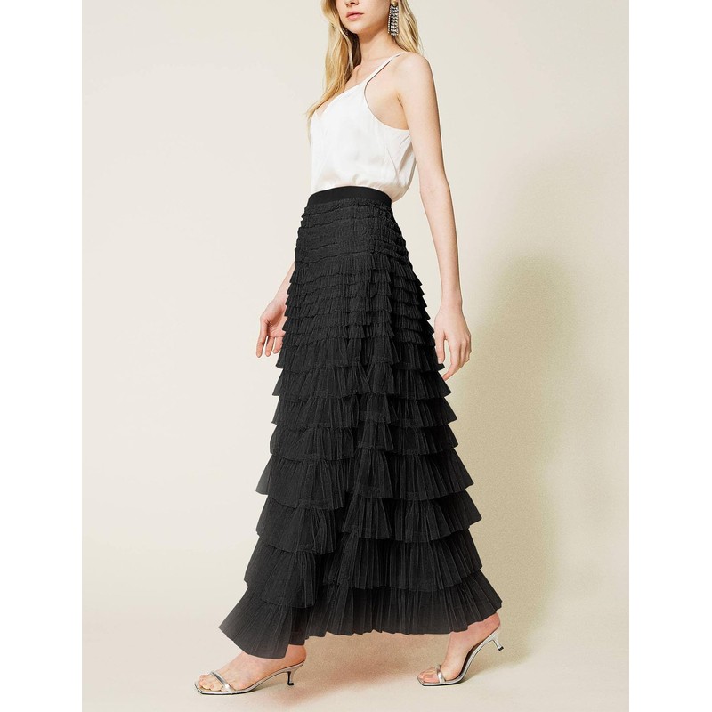 Flygo Women's Long Maxi Tulle Skirts A Line Ruffle High