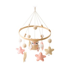 Baby Bed Mobile Baby Wooden with Felt Balls, Owl and Star Baby Mobile Wind Chime, Bed Bell Pendant for Baby Bed, Nursery Decoration, Gift for Baby Girls or Boys (Pink)