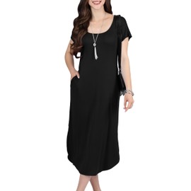 KOH KOH Plus Size Womens Long Casual Pockets Loose Baggy Comfy Short Cap Sleeve Spring Summer Scoop Neck Stretchy Cover Up Maternity Midi Dress Dresses Sundress, Black XL 14-16
