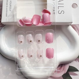 24Pcs Short Press on Nails Square Fake Nails Pink Flowers Stick on Nails Spring Summer Nail Art Decorations Glossy Full Cover Acrylic False Nails Short Square Glue on Nails for Women Decoration