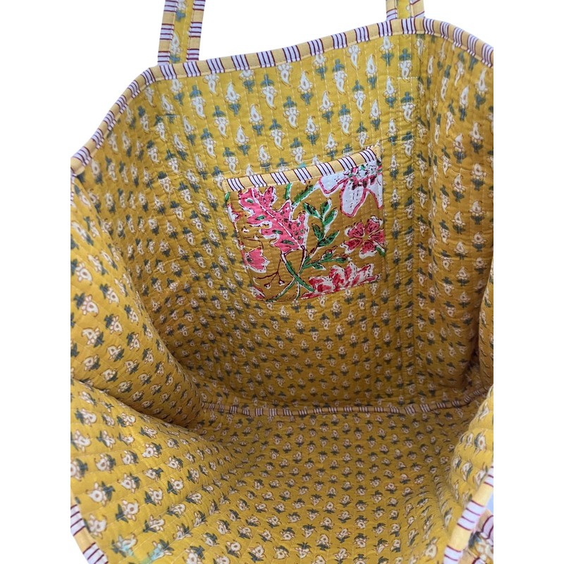 Floral Print Cotton Tote Bag, Quilted Mustard Yellow with Pink