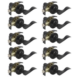 Probrico (10 Pack) Passage Door Lever [Non-Locking Lever Set], Non-Locking Door Handle Set for Hallway or Closets, Keyless Black Finish Wave Door Lock, Reversible Right & Left Side Handed