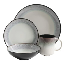 Gibson Elite Rings of Saturn Round Reactive Glaze Stoneware Dinnerware Set, Service for Four (16pcs), Teal Blue