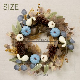 DecorbyHannah Collapsible Fall Wreaths for Front Door, 22 inch Pre-Lit Autumn Wreath with Blue Pumkin and Pinecone for Harvest Thanksgiving Home Wall Window Indoor Outdoor Decor