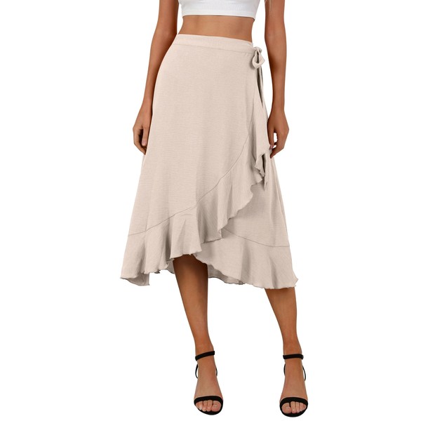 FEMLE Women's Elegant Ruffle Wrap Asymmetrical Tie High Waist Long