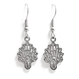 Peacock – Open Spaces - 19x12mm - Tibetan Silver charm dangle earrings. Hypoallergenic Stainless-Steel Fishhook or Silver Plated Ball-Post, or Clip-on Earrings Opt.