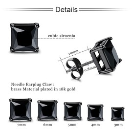 Kakonia 5 Pairs Square Stud Earrings For Men Women Princess Cut Cubic Zirconia Earring Studs Stainless Steel Stud Earrings 3-7mm