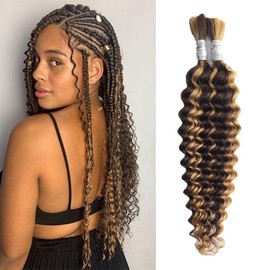 Human Braiding Hair For Boho Braids P4/27# Balayage 12A Deep Wave Bulk Human Hair 14 Inch 100g/2Bundles Deep Wave Bulk Human Hair For Braiding No Weft Wet And Wavy Human Hair Extensions