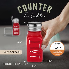 Red Salt and Pepper Shakers Set with Holder by Brighter Barns - Dining Table Decor, Modern Farmhouse Kitchen Decor - Christmas Salt and Pepper Shakers with Caddy for Restaurant, RV, Airbnb, Gift (Red)