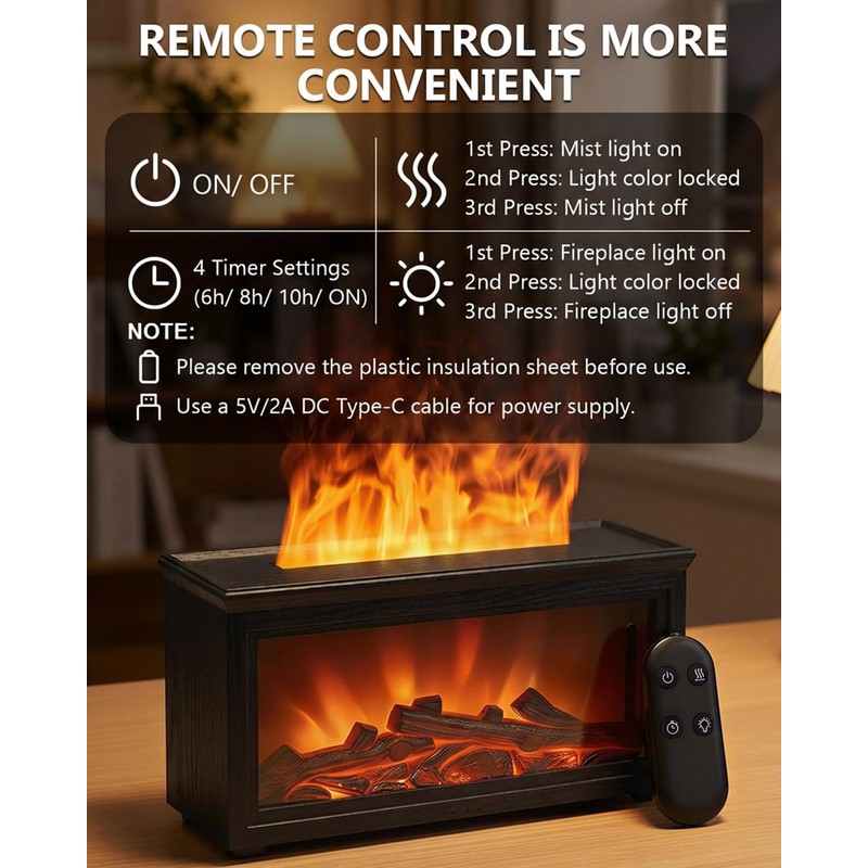 Essential Oil Diffuser, 7-Color Fireplace Fire Flame Aromatherapy Humidifier, 280ml