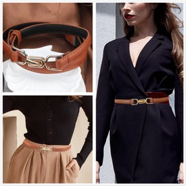Women Skinny Leather Belt, Adjustable PU Leather Belt with Gold Buckle,Women's Belt Elastic Belts Thin Waist Belts