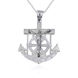 Fine Sterling Silver Mariners Anchor Jesus Cross Crucifix Nugget Pendant Necklace (MD), 18"