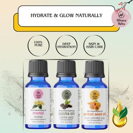 Moisturizing Carrier Oils Set - 100% Pure Jojoba, Monoi, Apricot Seed Oil for Skincare, Haircare & Massage - Natural Hydration Kit (3 x 50ml)