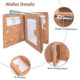 boshiho Eco Cork Friendly RFID Blocking Wallet Bi-fold Card Holder Vertical Wallet With Zippered Coin Purse & ID Window (Cork J)