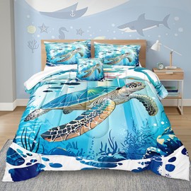 Chumerry Sea Turtle Comforter Queen Navy Blue Ocean Bedding Set 4 Pcs Water Grass Coral Fish Sealife Coastal Theme Super Soft Cozy Girls Boys Sea Animal Bed Comforter Set