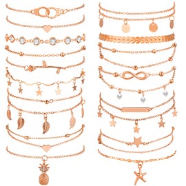 Hicarer 16 Pieces Ankle Bracelets 14K for Women Anklets Set Silver Gold Boho Beach Anklets Foot Chains Adjustable Foot Hand Jewelry Romantic Gift(Rose Gold)