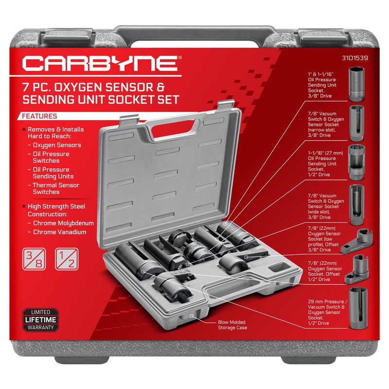 CARBYNE 7-Piece Oxygen Sensor and Sending Unit Socket Set, Chrome