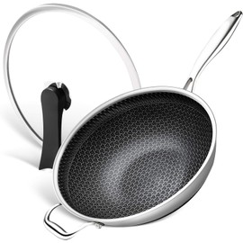 MICHELANGELO Honeycomb Wok Pan with Lid, 12.5 Inch Stainless Steel Woks & Stir-fry Pans with Stay Cool Handle, Flat Bottom Wok with Vertical Lid, Induction Wok, Dishwasher Oven Safe