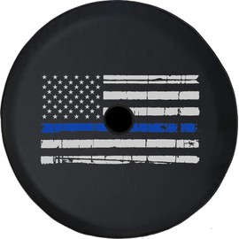 JL Spare Tire Cover Thin Blue Line Distressed American Flag Police (Fits: JL Accessories 2018-21 Rear Camera Hole) Size 33 inch