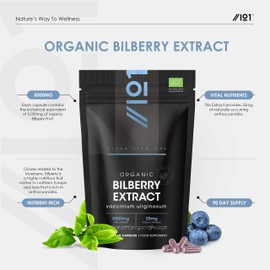 Organic Bilberry Extract 5000mg – High Strength 5% Anthocyanidins – 90 Vegan Capsules (3 Months Supply) – Resealable and Recyclable Pouch – by Alpha01