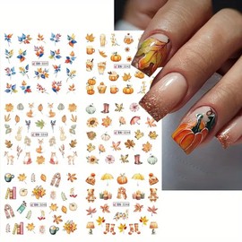 Fall Nail Art Stickers Decals Thanksgiving Day Water Transfer Fall Leaf Nail Decals Maple Leaf Pumpkins Squirrels Nail Design Autumn Nail Stickers Cute Nail Art Supplies for Women Nail Decorations