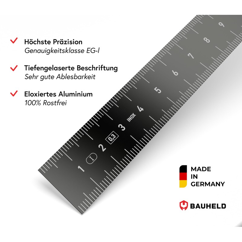 BAUHELD® Metal Ruler 300 mm [EG-1] - Scale with Measuring