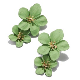 Bohemian Long Double Daisy Flower Drop Dangle Earrings Matte Floral Petal Layered Tiered for Women Summer Wedding Jewelry-Green