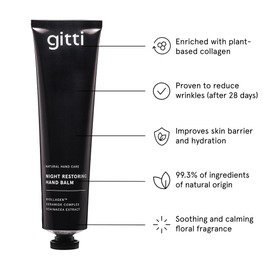 gitti Night Restoring Hand Balm I Natural Hand Care, Non-Toxic, 99% Natural Origin, Cruelty-Free, Vegan Collagen, Restores Skin Barrier, Reduces Wrinkles, Hydrates Skin, Floral Scent (2.53 fl oz)
