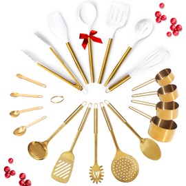 Gold Kitchen Utensils Set - 19 PC Luxury Set Includes Stainless Steel Gold Cooking Utensils Set, White Silicone Cooking Utensils, Gold Measuring Cups and Spoons Set - Gold Kitchen Accessories
