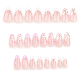 JUGUTA 24 Stück Mittlere Mandel Form Press On Nails, Blumen-Design Aufkleber Nägel, Französischer Stil Mit Glanz, Falsche Nägel, Kunstnägel Zum Aufkleben