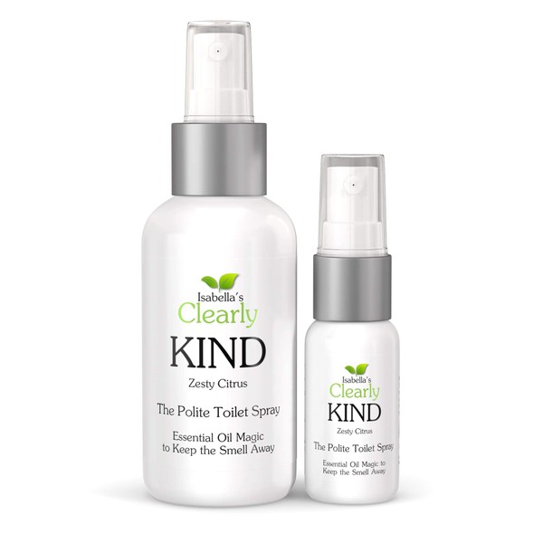 Clearly Kind, The Polite "Before You Poop" Toilet Spray | Essential Oil Magic to Keep The Smell Away | Odor Eliminator Set for Bathroom (4 Oz) and for Travel (1 Oz) (Zesty Citrus)