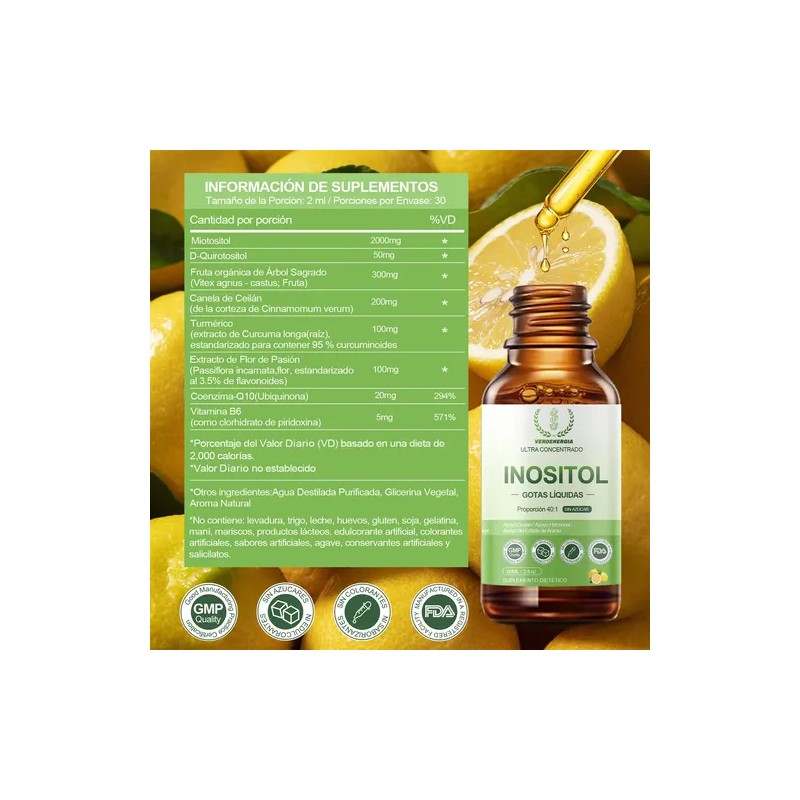 Inositol Myo D-chiro 40:1 Suplemento Vitamina B6 Gotas Mujer Sabor