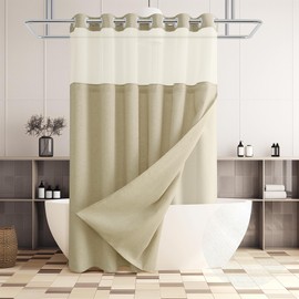 Jowels No Hooks Needed Linen Shower Curtain and Liner Set,Light Khaki Hotel Luxury Decor Shower Curtains for Bathroom with See Through Top Window,Water Resistant Fabric,72Wx75L,Light Khaki