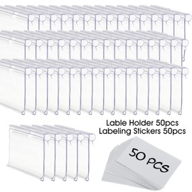 50pcs Labels for Storage Bins Plastic Label Clip, Basket Labels Clip On Wire Shelf Price Label Holder Merchandise Sign Display Holder, 50pcs Label Insert Included (1.96IN*1.65IN)