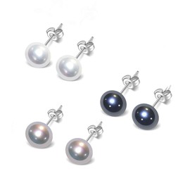 TreasureBay Classic Women's Pearl stud Earrings size 7-8mm colour: Pink/White/Black/Grey/Purple (Black + Grey + White Set)