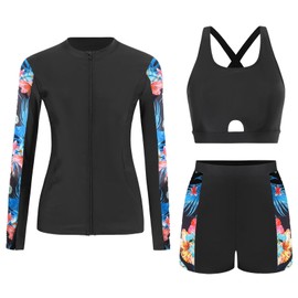 Ausing Women Rash Guard Set Long Sleeve Swimsuits with Built-in Bra Bathing Suit Surfing Sun Protection Swimwear for Women XL Black