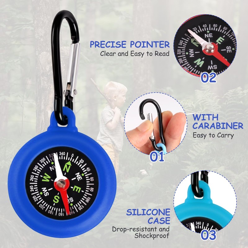 Pack of 6 Compass Children, Outdoor Compass with Carabiner Hook,