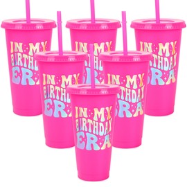 JarThenaAMCS 6Pcs Iridescent Birthday Plastic Cups with Straw and Lid 24 Oz Holographic IN MY BIRTHDAY ERA Tumbler Hot Pink Cold Cups for Beverage Drinks Home Office Party Decoration