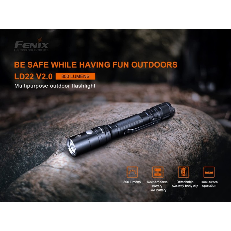 Fenix LD22 V2 800 Lumen Slim LED Tactical Flashlight, Rechargeable