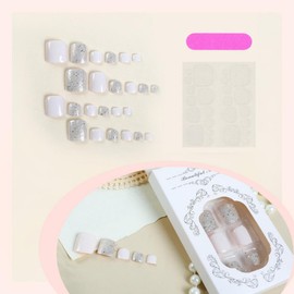 White Press on Toe Nails Short Square Stick on Toenails with Silver Glitter Design Full Cover Skin Tones Fake Toenails Reusable Glossy Summer False Toenails for Women Girls Manicure 24Pcs